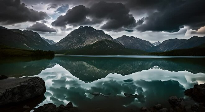 Captivating Panoramic Landscape: Serene Mountain Lake Beneath Dramatic Sky