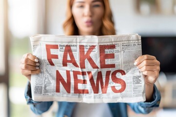 A woman confidently holds up a fake newspaper, revealing the deception and manipulation behind false news stories - obrazy, fototapety, plakaty