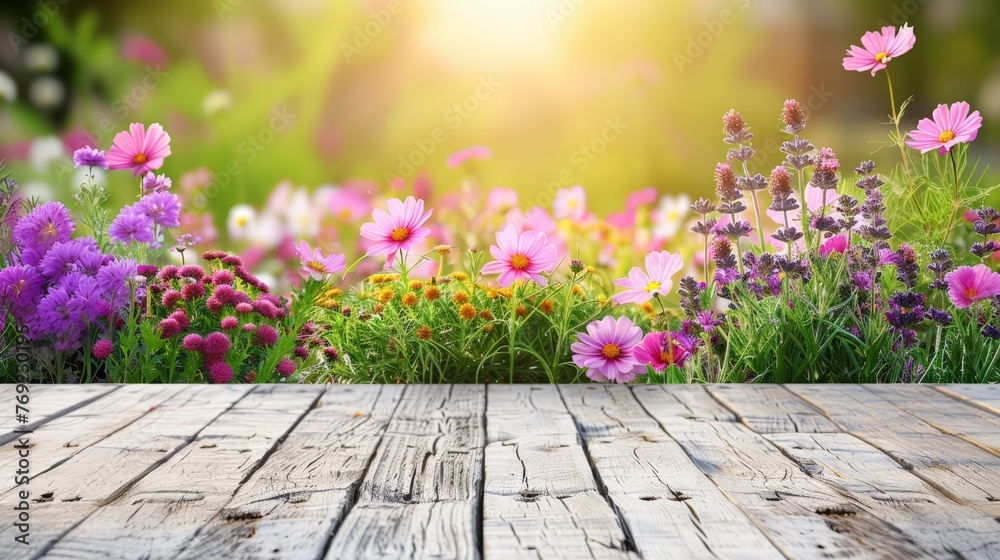Poster A wooden table adorned with a colorful array of blooming flowers, creating an enchanting and vibrant display