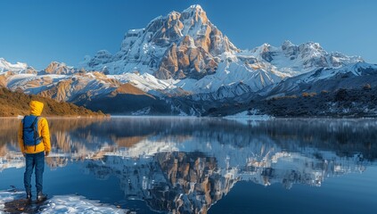 A person is standing by a lake with a mountain in the background, surrounded by natural landscape and snowy mountainous landforms. The sky is clear, and the horizon is freezing with an ice cap