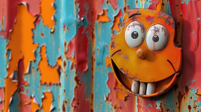 A cheerful orange face with big eyes and teeth on a peeling blue red painted wall.