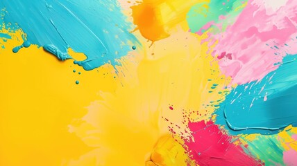 Vibrant abstract painting with splashes of blue, yellow, pink, and green on a bright background.