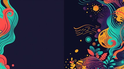 Vibrant abstract artwork with whimsical sea life elements on a dark background.