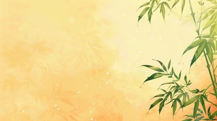 Warm-toned abstract background with bamboo leaves on the right side and soft floral patterns.