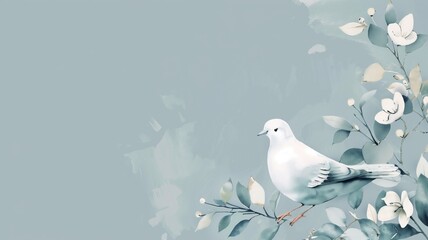 A serene illustration of a white dove perched on branch among delicate flowers against soft blue background. - obrazy, fototapety, plakaty