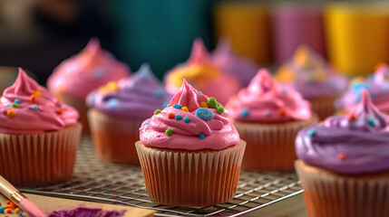 Cupcakes with pink butter cream frosting and colorful sprinkles - obrazy, fototapety, plakaty