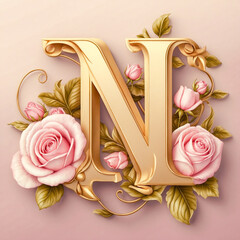 A floral letter “N” with roses and leaves, soft pink background