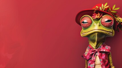 A stylishly dressed animated frog character against a red background, wearing floral hat and pink patterned scarf. - obrazy, fototapety, plakaty