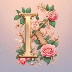 A floral letter “K” with roses and leaves, soft pink background