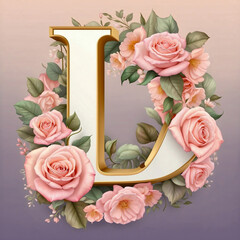 A floral letter “L” with roses and leaves, soft pink background