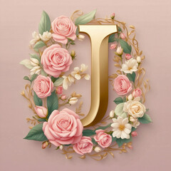 A floral letter “J” with roses and leaves, soft pink background