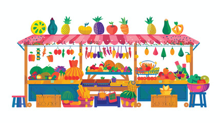 A vibrant market with colorful stalls 