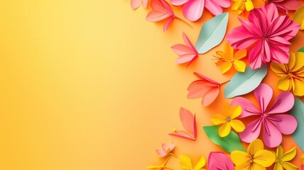 Vibrant paper flowers in orange, pink, and yellow hues arranged on a bright background.