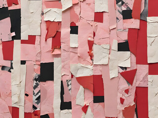 Naklejka premium Exploring Abstract Torn Paper Collages, Grunge Posters, and Crumpled Paper Textures on Street Walls. Pink, white and black color.
