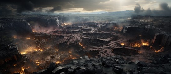 Panorama of a volcano crater and lava flow. - obrazy, fototapety, plakaty