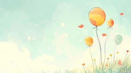 A whimsical illustration of colorful balloons soaring amid flowers against a pastel blue sky with flying birds.