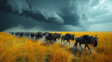 A herd of wildebeest grazes in a grassland painting under a cloudy sky - Powered by Adobe
