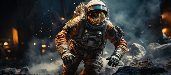 Astronaut starting to run. Astronaut in spacesuit and helmet against the background of coal.