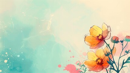 Illustration of vibrant orange-yellow flowers with artistic watercolor splashes on a pale blue background.