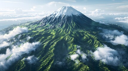 Snow-Capped Volcano Soaring Above Lush Greenery: A Tranquil Portrayal of Nature's Power - Powered by Adobe