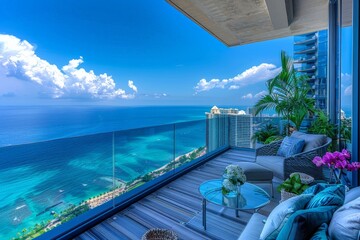 A balcony overlooking the vast, tranquil expanse of the ocean, offering a peaceful moment of contemplation and awe-inspiring beauty