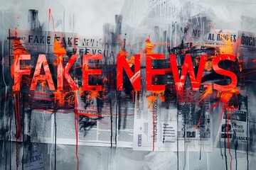 A painting depicting a chaotic scene filled with exaggerated headlines and misleading information, symbolizing the prevalence of fake news in modern society - obrazy, fototapety, plakaty