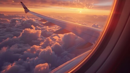 Sunrise Serenity: Airplane Window Seat Experience with Stunning Aerial Landscape