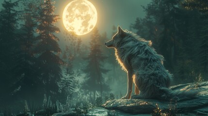 Carnivore wolf gazes at full moon in darkness, midnight wildlife scene
