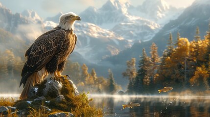 Bald eagle perched on rock near lake, mountains in background - Powered by Adobe