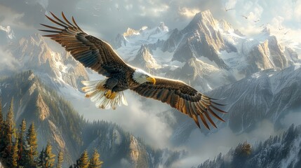 Accipitridae bird soars over mountainous landscape with outstretched wings - obrazy, fototapety, plakaty