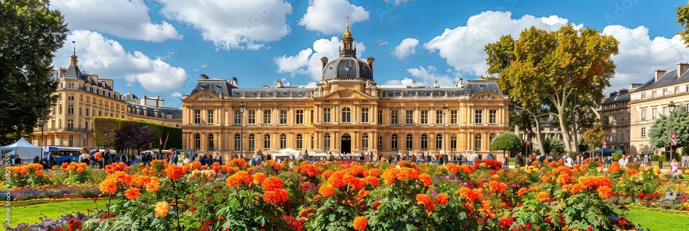 Poster a grand building standing tall amidst a vibrant display of colorful flowers of various shapes and si