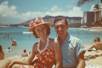 Old photo of a young woman and man couple in Hawaii smiling - 769231513
