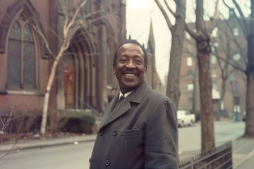 Old photo of an African American pastor standing in front of a church - 769231517