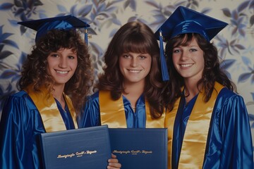 1980s high school graduation photo of girls students - 769231531