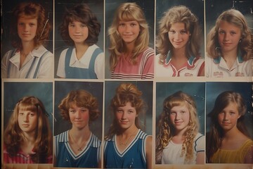 High school yearbook from 1980s students faces - 769231535