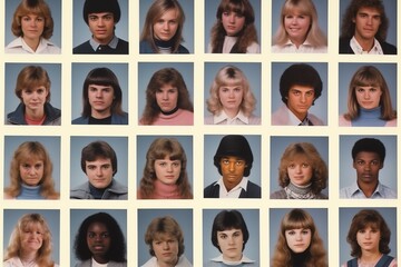 High school yearbook from 1980s students faces - 769231539