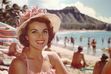 Old photo of a young woman in Hawaii smiling - 769231543
