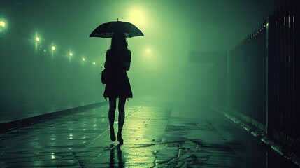 A lone figure walks under an umbrella amidst the ethereal glow of streetlights on a foggy, rain-slicked city night, encapsulating a moment of quiet introspection.