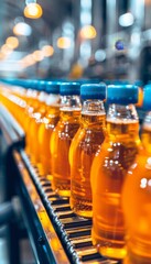 Fruit juice beverage production line on conveyor belt in a drink manufacturing factory