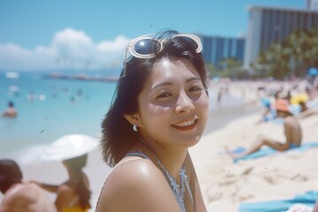 Old photo of a young woman in Hawaii smiling - 769231595