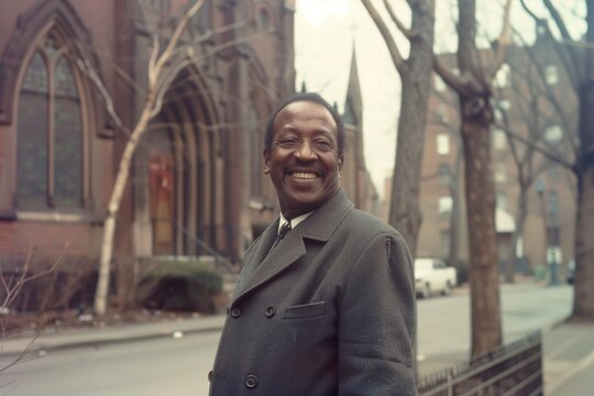 Old photo of an African American pastor standing in front of a church
