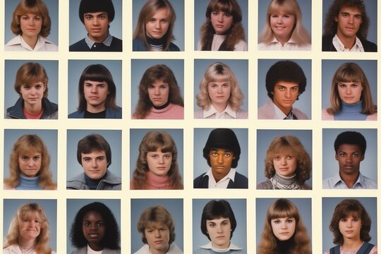 High school yearbook from 1980s students faces