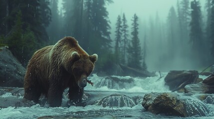 A grizzly bear crossing the river in its natural habitat - obrazy, fototapety, plakaty