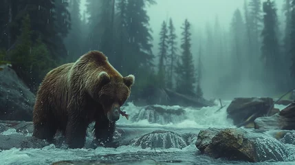 Fotobehang A grizzly bear crossing the river in its natural habitat © yuchen