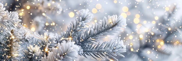 White Christmas background with spruce frosty brunches and Christmas lights 