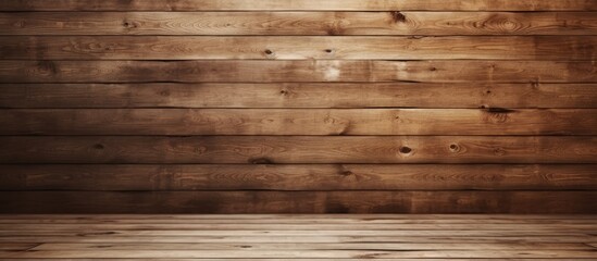 A rectangular wooden wall with a hardwood plank flooring in front of it. The wood is stained brown, creating a cohesive building material design