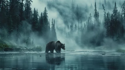 Foto op Plexiglas A bear is strolling through a misty stream in a wooded area © yuchen