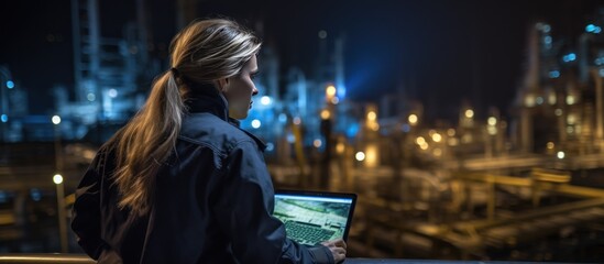 Woman using a tablet computer in a city at night. Panorama