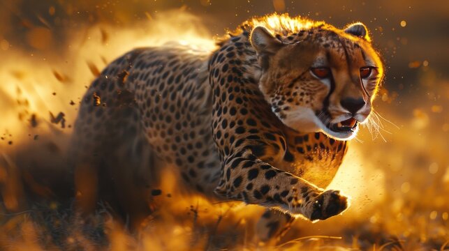 A Carnivore Felidae Cheetah runs through a fiery field, whiskers twitching