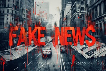 A vibrant, eye-catching fake news logo illuminates the city street, challenging perceptions and sparking conversations about truth and misinformation